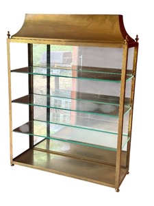 lot 29R image: Vintage Brass Lighted Display Cabinet with Glass Shelves
