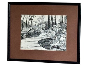 lot 69 image: Framed Vintage 1982 A. Shemroske Black-and-White Etching Print San Antonio Riverwalk