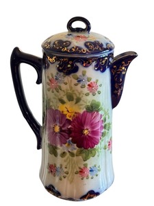 lot 76R image: Antique Painted Porcelain Chocolate Pot with Floral Design