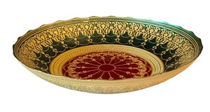 lot 86R image: 15.5 Inch Decorative Glass Centerpiece Bowl with Ornate Gold and Red Design