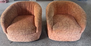 lot 100 image: Pair of Vintage Swivel Barrel Chairs with Patterned Upholstery