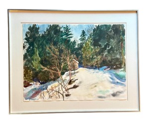 lot 110 image: Framed Original Watercolor Entitled Cottage in Winter by Glansgold, 1977