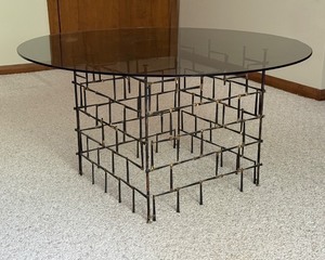 lot 10C image: Mid-Century Modern Abstract Metal Accent Table with Smoky Glass Top
