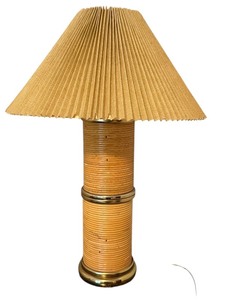 lot 16C image: Vintage 30-Inch Rattan Table Lamp with Pleated Shade
