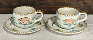 lot 35 image: Pair of Hand Painted Italian Tea  Coffee Cups with Saucers