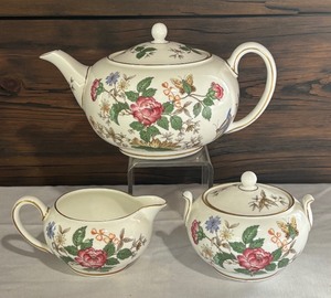 lot 121 image: Wedgwood Charnwood Coffee  Tea Pot, Creamer Pitcher and Sugar Dish