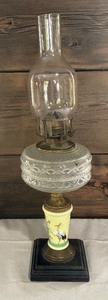 lot 140 image: Vintage Oil Lamp with Hand Painted Bird Motif Base