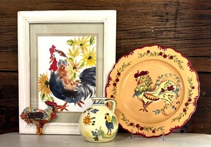 lot 146 image: Amazing Decor Including Rooster Framed Watercolor Surrounded by Sunflowers, Provence International Provence Rooster Plate, Ceramic Rooster Pitcher and More