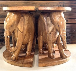 lot 14 image: Vintage Hand Carved Wood Elephants and Low Pedestals  Vintage Gorgeous Asian Carved Table In 4 Pieces
