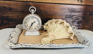 lot 74 image: Beautiful Lot of Decor including Tray, Clock and Distressed Flower Bouquet Wall Sconce Shelf