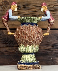 lot 65 image: 13-Inch Decorative Majolica Style Ceramic Vase with Dual Monkey Figure Handles