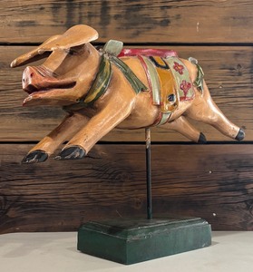 Vintage French Cochon Style Painted Carousel Pig on Wooden Base Whimsical Folk Art
