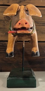 Vintage French Cochon Style Painted Carousel Pig on Wooden Base Whimsical Folk Art