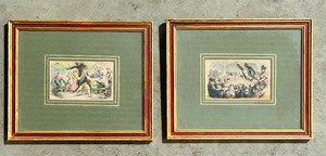 lot 173 image: Pair of Framed Vintage Colored Prints with Green Matting, 6x8 Inches Each