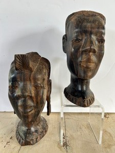 lot 95 image: Pair of 7 Inch Hand-Carved African Wood Busts