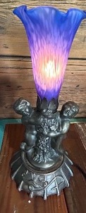 lot 163 image: 10 Tall Vintage Cherub Lamp with Blue Tulip Glass Shade