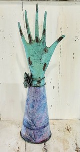 lot 46 image: 22-Inch Decorative Metal Hand Sculpture with Flower Detail