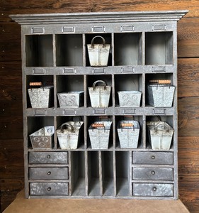 lot 17 image: Wooden Organizer Cabinet with Metal Drawers and Cubbies