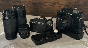 lot 258 image: Two Contax RTS Cameras, Minolta Flash Meter III with Tamron, Vivitar and Contax Lenses