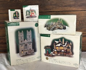 lot 300 image: Department 56 Village Buildings and Accessories including Shakespeares Birthplace, Fieldstone Footbridge, Ferrara Baking Cart, Westminster Abbey and More