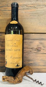 lot 316 image: Antique 1896 Grands Vins de Boreleaur Chateau Latite Wine Bottle 12 Inch with Rustic Wooden Corkscrew