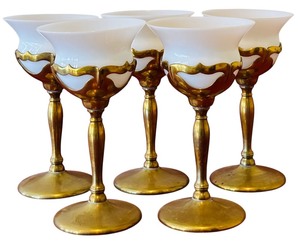 lot 40A image: Set of 5 Vintage Farber Brothers Krome Kraft Goblets with Cambridge Milk Glass Inserts