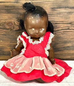 lot 44A image: Vintage Topsy Composition Doll with Original Paint and Red Dress