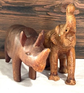 lot 294 image: Set of 2 Vintage Hand-Carved Wooden Animal Figures - Rhino and Elephant