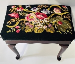 lot 230 image: Beautiful Queen Anne Style Dark Wood Floral Embroidered Stool  Bench
