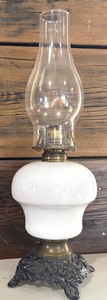 lot 225 image: Vintage Metal and Milk Glass Petit Oil Lamp