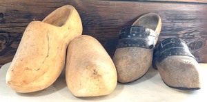 lot 222 image: Unique Wooden Vintage Open Toe Mule and Antique Wooden Scandinavian Hand Carved Klompen Mules