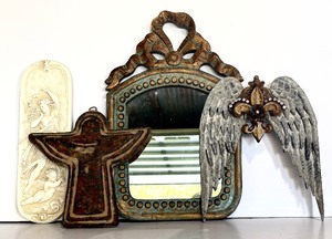 lot 176 image: Vintage or Antique-Style Decorative Mirror, Carved High Relief Reproduction Plaque and Abstract Winged Angel Wall Sconce Candleholder Terra Cotta and English Wall Wings