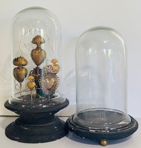 lot 160 image: Two Glass Cloches on Wooden Pedestal one with Decorative Tin Sacred Hearts