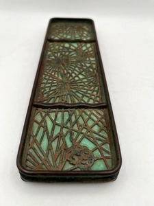 RARE Antique Tiffany Studios (New York, NY) "Pine Needle" Bronze and Slag Glass Pen Tray (Stamped 1004)