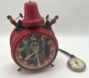 lot 10 image: Vintage Jerger Busy Boy German Metal Alarm Clock & Westclox Scotty Wind Up Pocket Watch