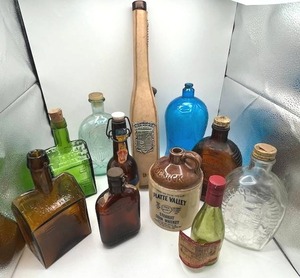 lot 14 image: Vintage Collectible Glassware & Bottles including E.C. Boozs Old Cabin Whiskey, McCormick Corn Whiskey, Log Cabin Syrup, White Horse Distillers (Glascow, Scotland), and More