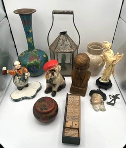 lot 15 image: Antique & Vintage Collectibles including Weymans Stoneware Snuff Crock, Chalkware Bulldog (6.5), Cloissane Copper Vase, and More