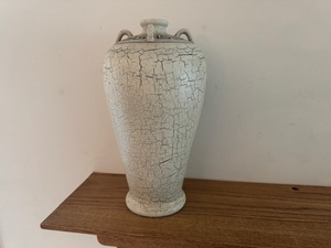 lot 12 image: Vintage Crackle Glaze Ceramic Vase with Greek Key Motif