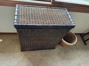 lot 36 image: Wicker Double-Compartment Laundry Hamper with Lid and Waste Basket