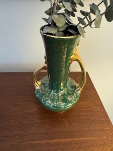 lot 43 image: Vintage Green Porcelain Vase with Gold Floral Design and Handles