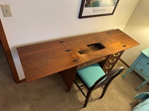 lot 47 image: Vintage Sewing Desk with Chair and Assorted Sewing Supplies
