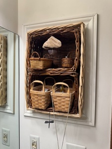 lot 52 image: Wicker Wall Shelf with Assorted Woven Baskets