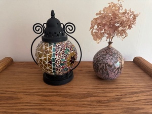 lot 67 image: Mosaic Glass Lantern and Signed Ceramic Bud Vase with Dried Flowers