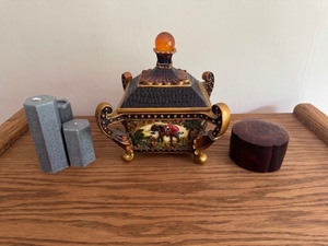 lot 70 image: Decorative Elephant Trinket Box, Carved Wood Container, and Set of 3 Hexagonal Candles