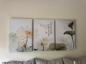 lot 74 image: 3-Piece Lotus Wall Art Canvas Set with Calligraphy