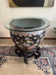 Oriental Fish Bowl Table with Glass Top and Floral Design Stand