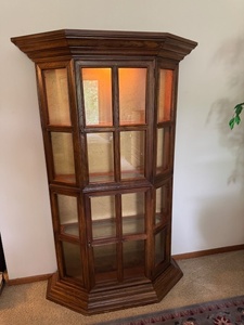 lot 77 image: Illuminated Glass Display Corner Cabinet with Wood Frame
