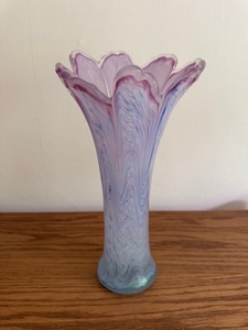 lot 91 image: Hand-Blown Art Glass Vase with Swirled Purple and Blue Design