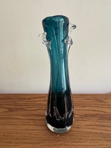 lot 93 image: Vintage Blue Art Glass Vase with Clear Accent Rims
