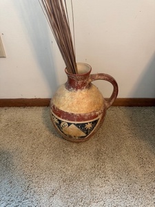 lot 105 image: Large Decorative Pottery Jug with Handle and Folk Art Motif
